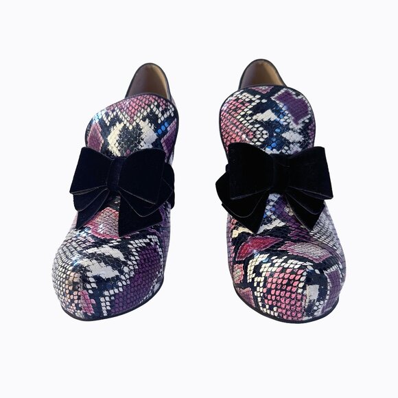 Lola Ramona Leather Snakeskin Pump Sz 10 Velvet Bow Purple Whimsigoth Y2K Pinup - Picture 4 of 10
